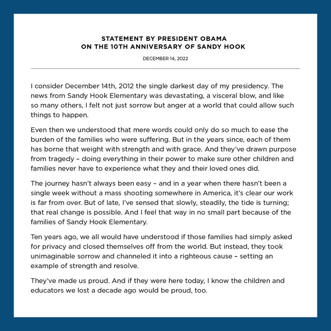 Statement by President Obama on the 10th anniversary of Sandy Hook.
