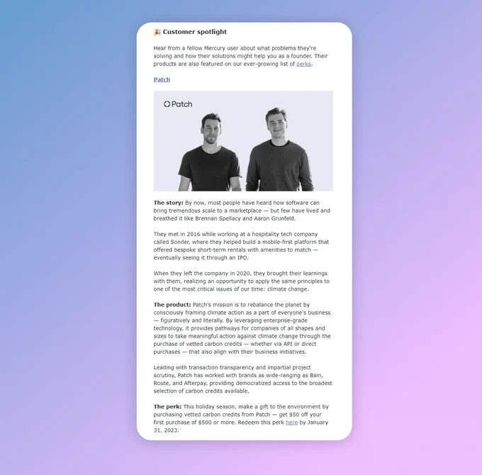 Patch featured in Mercury's customer newsletter email