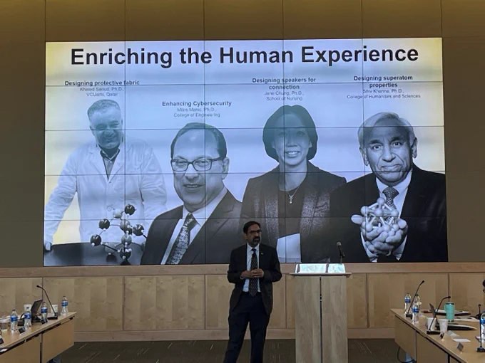 Sriram Rao presenting the State of the Research presentation to VCU's Board of Visitors. The slide he is presenting has the title, "Enriching the human experience" and features VCU researchers. 