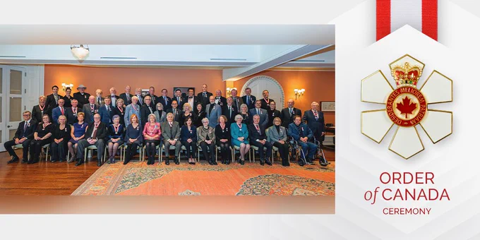 A group photo of members of the Order of Canada. Governor General Simon and Mr. Fraser are seated in the centre of the group. To the right of the photo is the Order of Canada insignia. Text underneath the insignia reads: "Order of Canada Ceremony."