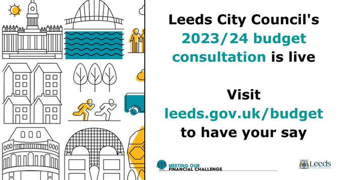 Text reads: "Leeds City Council’s 2023/24 budget consultation is live. Visit leeds.gov.uk/budget to have your say."
 
To the left of the text are various handrawn images of landmarks in Leeds. 