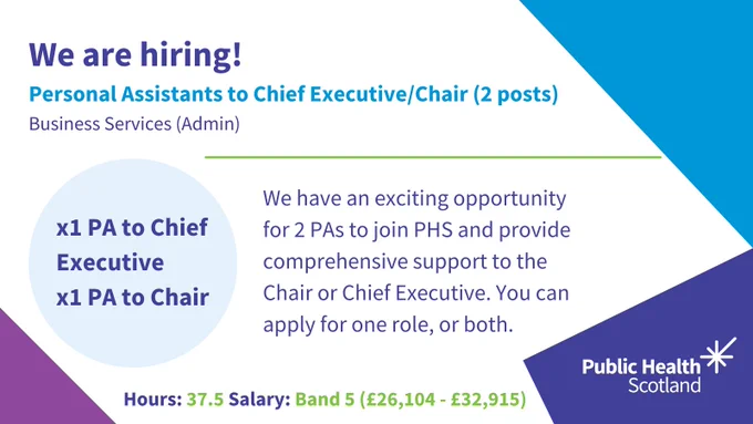 Graphic that says 'we're hiring' two personal assistants. We have an exciting opportunity for two PAs to join PHS and provide comprehensive support to the Chair or Chief Executive. You can apply for one role or both.