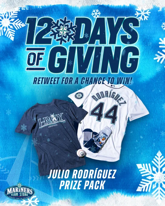 12 Days of Giving: Retweet for a chance to win! Day 1: Julio Rodríguez Prize Pack, with a Julio jersey, Rookie of the Year t-shirt and novelty items, thanks to the Mariners Team Store. 