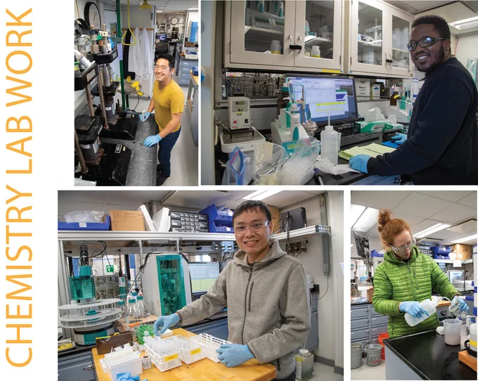 Science party members work on samples from site U1488A in the chemistry laboratory: (clockwise from top left) Bryce Mitsunaga (Organic Geochemist, Brown University, USA), Lucien Nana Yobo (Inorganic/Organic Geochemist, Texas A&M University, USA), Sophie Hines (Inorganic Geochemist, Woods Hole Oceanographic Institution, USA), and Jiawang Wu (Inorganic Geochemist, Sun Yat-Sen University, China)