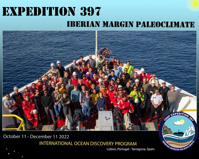 The Expedition 397 group photo on the bow of the ship.