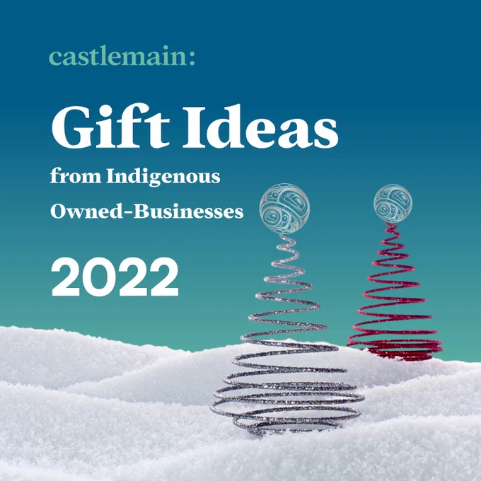 An image of text that says 'Castlemain: Gift Ideas from Indigenous Owned-Businesses 2022' with holiday decorations.