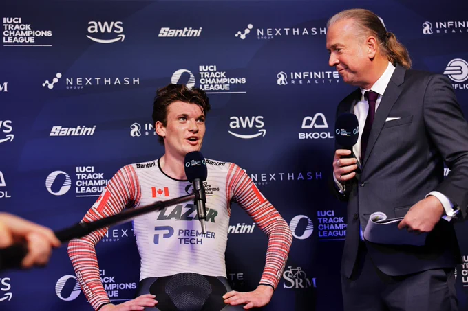 Dylan Bibic talks to a reporter after his race