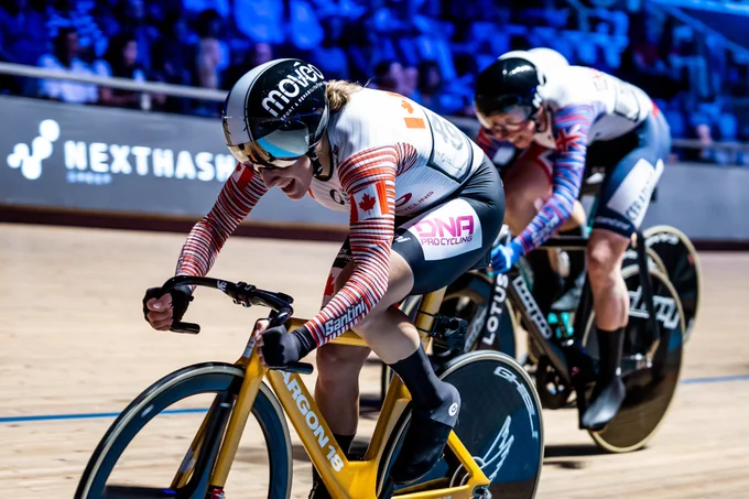 Maggie Coles-Lyster competes during a cycling race