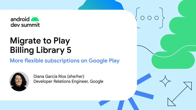 Session page for Migrate to Play Billing Library 5, showing speaker Diana Garcia Rios