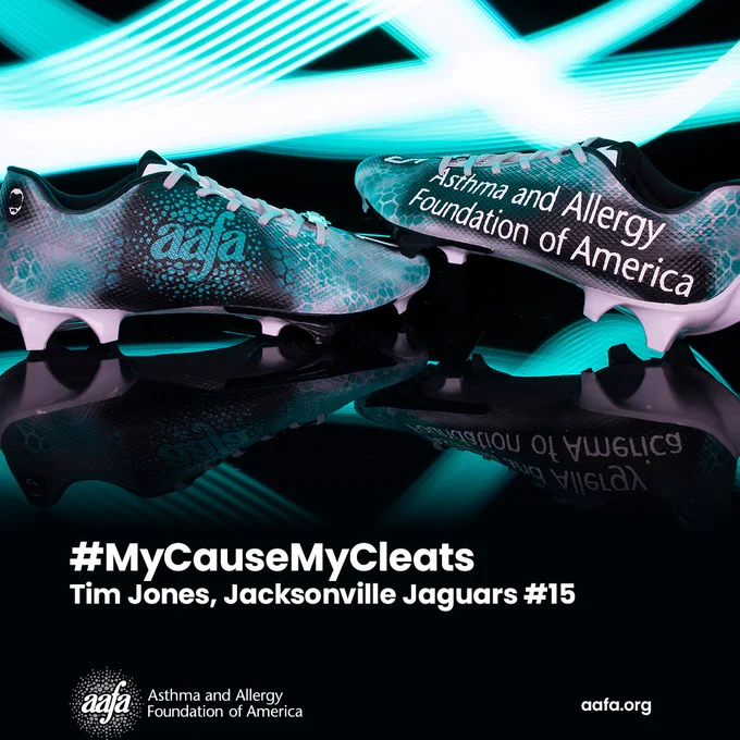 Image of Tim Jones custom cleats; Text, "#MyCauseMyCleats Tim Jones, Jacksonville Jaguars #15"