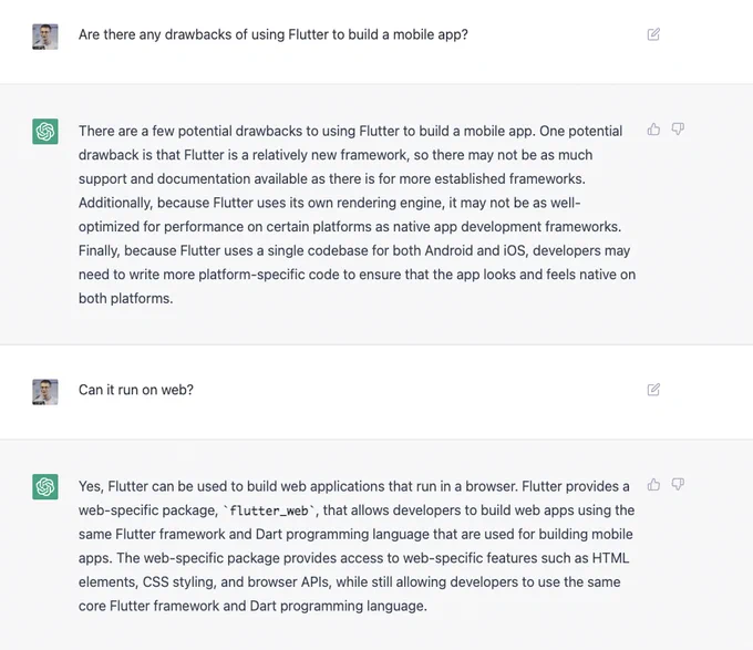 Screenshot of a conversation with ChatGPT about Flutter where it's plain wrong about Flutter Web