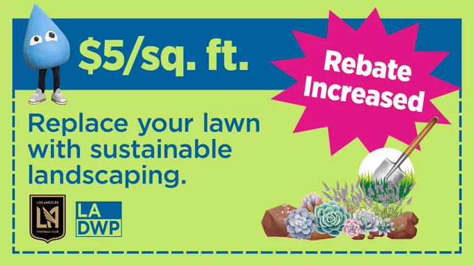 Neon green coupon design featuring the Drop character and succulents. Text reads, "$5/sq. ft. Replace your lawn with sustainable landscaping." Inside a magenta sunburst are the words, "Rebate Increased". Save the Drop and LADWP logos on the bottom left corner with "ladwp.com/landscaping" on the bottom right corner.