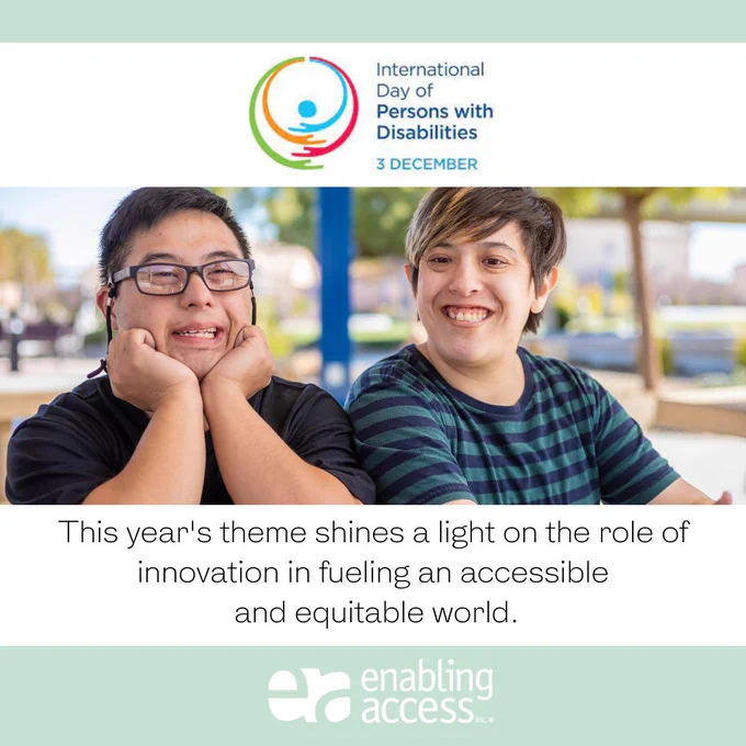 Image Description: photo of two people smiling on light green background with the United Nation's IDPD logo and text "This year's IDPD shines a light on the role of innovation in fueling an accessible and equitable world.