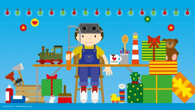 Illustration von Friederike Hofmann (weloveyouall.com): Ein Wichtel im Blaumann mit einer Schweißerbrille auf dem Kopf und einer Säge in der Hand sitzt an einer Werkbank. Auf der Werkbank stehen eine Spielzeugeisenbahn, eine Teddybär, ein Miniaturleuchtturm, ein Becher mit Stiften und einer Schere sowie eine Tasse mit heißer Schokolade. Auf dem Boden steht eine Kiste Werkzeug, Farben und Pinsel, weitere Spielzeuge sowie verpackte Geschenke. Über dem Wichtel und der Werkbank hängt eine Lichterkette.