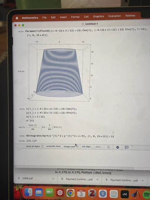 A photo of a computer screen showing a Mathematica notebook. There is a parametric 3D plot of a tapering spiral, and an NIntegrate command giving an arc length of 220 feet.