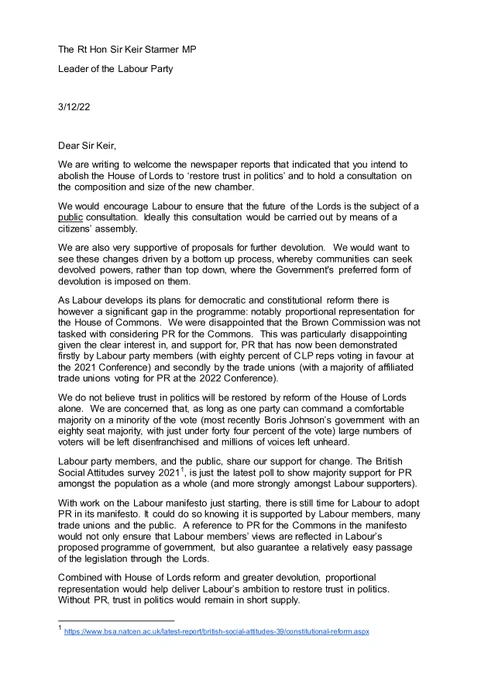 First page of letter to Sir Keir Starmer re Proportional representation