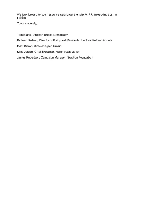 Second page of letter to Sir Keir Starmer re Proportional representation