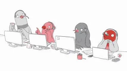 Cartoon of four birds working at a call centre