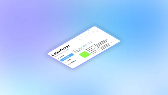 An isometric screenshot representing the "Converter" page of ColorPicker. The background is a purple and light blue mesh gradient.