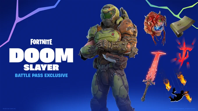 Image of Fornite’s Chapter 4 Battle Pass Exclusive DOOM Slayer set. The DOOM Slayer stands center frame cracking his knuckles. Image right is the lineup of available items including Cacodemon Glider, Praetor Shroud Wrap, Mark of the Slayer Backbling, Crucible Blade Pickaxe, and Fall to their DOOM Contrail.