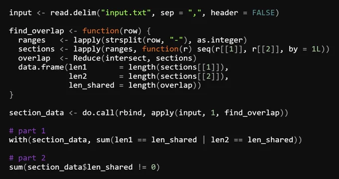 input <- read.delim("input.txt", sep = ",", header = FALSE)

find_overlap <- function(row) {
  ranges   <- lapply(strsplit(row, "-"), as.integer)
  sections <- lapply(ranges, function(r) seq(r[[1]], r[[2]], by = 1L))
  overlap  <- Reduce(intersect, sections)
  data.frame(len1       = length(sections[[1]]),
             len2       = length(sections[[2]]),
             len_shared = length(overlap))
}

section_data <- do.call(rbind, apply(input, 1, find_overlap))

# part 1
with(section_data, sum(len1 == len_shared | len2 == len_shared))

# part 2
sum(section_data$len_shared != 0)