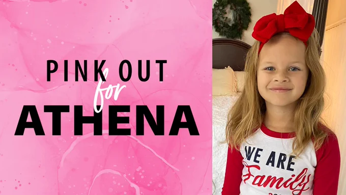 An image of Athena Strand with a Pink Out graphic overlay. 