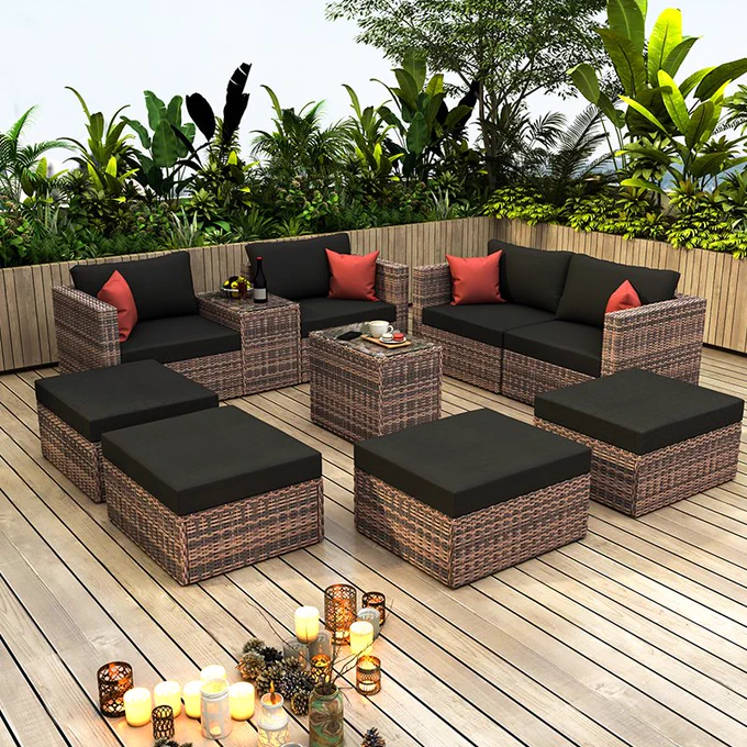 Way2Furn Outdoor Sectional Sofa & End Table Set