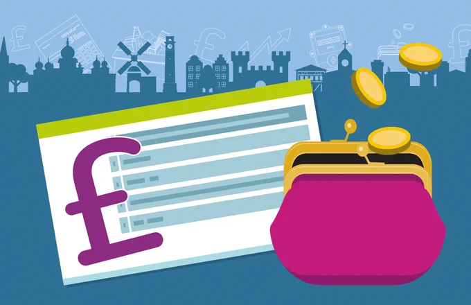 Cartoon of a budget sheet and a purse with coins