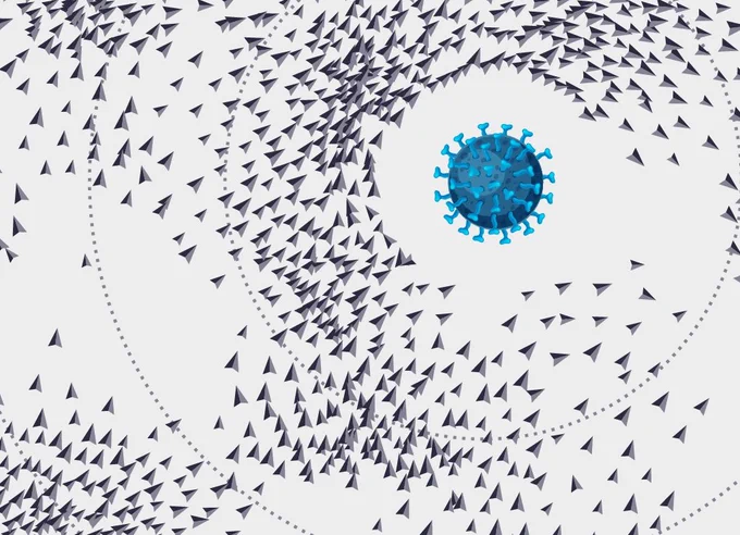 Eine Grafik zeigt ein Virus-Symbol und hunderte Pfeile