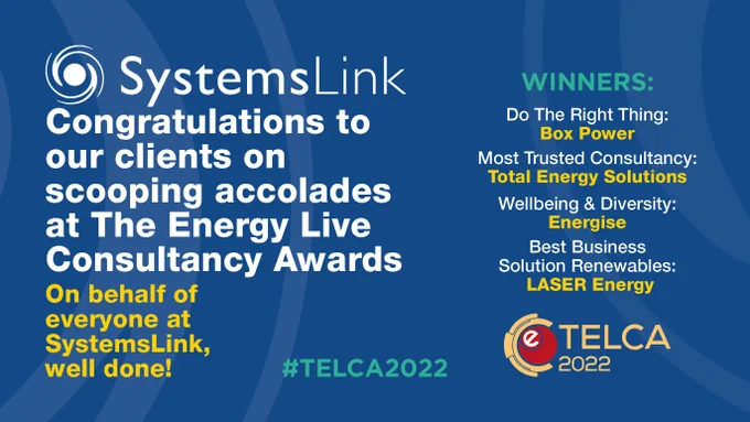 Congratulations to Utility Aid who won the Best Customer Service SME Award at the TELCA’s, of which SystemsLink sponsored. 🏆 

And a special congratulations are also in order to the other award winners, including:

Box Power CIC - 'Do The Right Thing'
Total Energy Solutions - 'Most Trusted Consultancy'
Energise - 'Wellbeing & Diversity'
LASER Energy - 'Best Business Solution: Renewables' 

👆 who are all highly valued SystemsLink clients 🏆 🏆 🏆 🏆 

Here's a recap of the Energy Live News Consultancy Conference and #TELCA2022: https://systems-link.com/systemslinks-consultant-partners-telca-awards/

#ELCC2022 #Awards #EnergySoftware #AwardSponsors