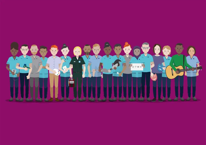 Purple backgroiund with fiftenn health professionals depicted in graphic form. The professionals depict eahc of the fourteen allied health professions and shows the following professions:  art therapy, music therapy, radiogrpahy, dietetics, physiotherapy, prosthetics and orthotics, orthoptics, speech and language therapy, podiatry, paramedics, students and health care support workers,