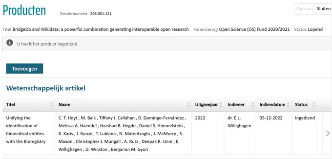 Screenshot of the NWO ISAAC database "Producten" page with the newly added research article ("Wetenschappelijk artikel") add with the plugin. About Bioregistry.org, btw.