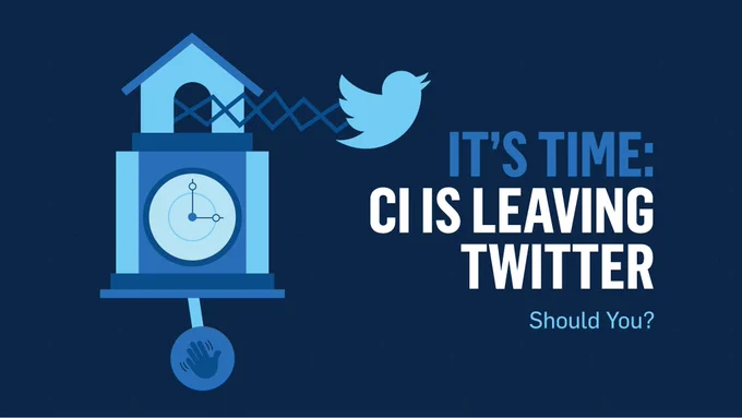 Graphic depicting a cuckoo clock with the Twitter icon emerging as it rings. Text: "It's time: CI is leaving Twitter. Should you?"