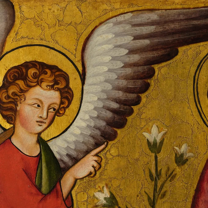 Detail image of the archangel gabriel and the gilded and punched background of a panel painting at the Wallraf-Richartz-Museum & Fondation Corboud.