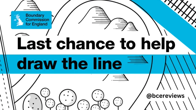 Last chance to help draw the line @bcereviews. Boundary Commission for England logo and image of a map with a blue line.
