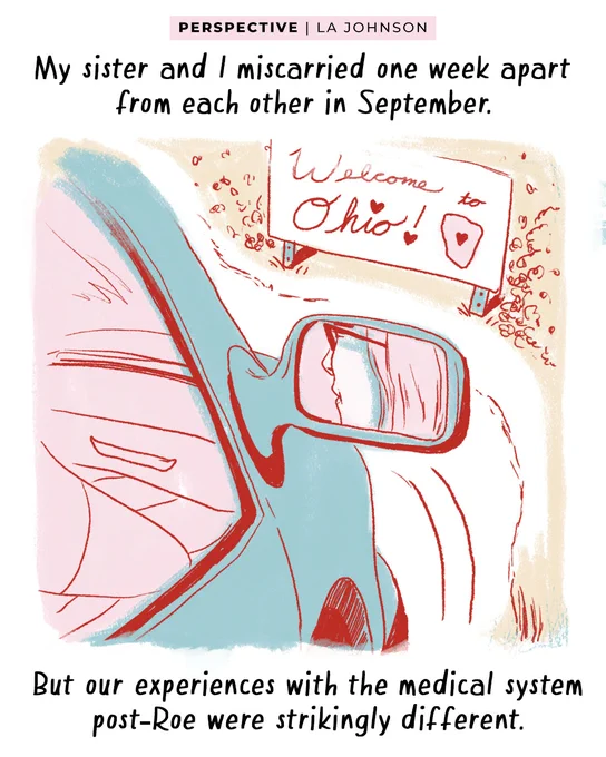 Narration on a Perspective comic by LA Johnson reads: “My sister and I miscarried one week apart from each other in September. But our experiences with the medical system post-Roe were strikingly different.” An illustration shows a closeup of a car’s side view mirror where a reflection of LA’s sister is shown. She is looking straight ahead at a sign in the distance that reads: “Welcome to Ohio.”