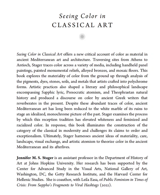 Summary page for the book Seeing Color in Classical Art, described as a new critical account of color as material in ancient Mediterranean art and architecture.