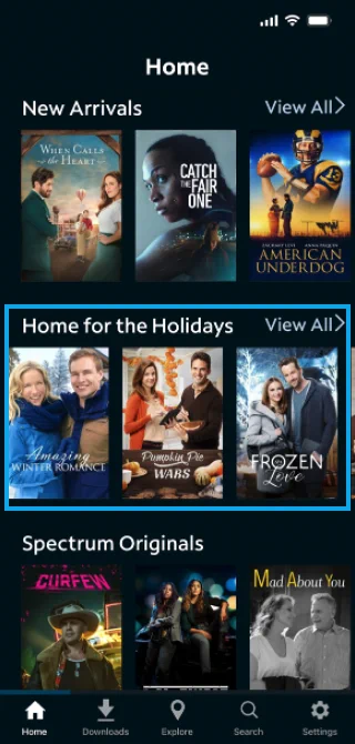 Screenshot of Spectrum Access home page featuring Home for the Holidays movies Amazing Winter Romance, Pumpkin Pie Wars and Frozen Love