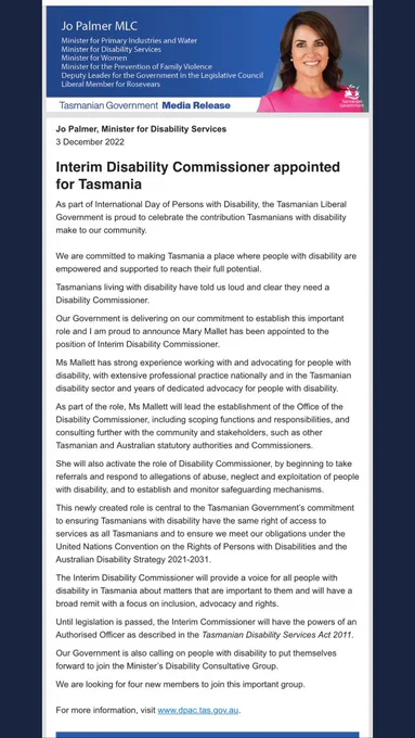 Screenshot of a press release by Jo Palmer, Tasmanian Minister for Disability Services regarding the appointment of an Interim Disability Commissioner for Tasmania. Online link not currently available.  