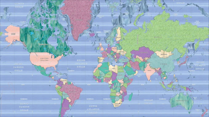 Countries of the world have been symbolized using different colours and textured appearances of glass, mimicking a stained-glass window of the world. 