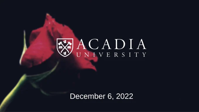 A red rose with a black backdrop. The text reads Acadia University December 6, 2022. 