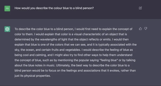 An AI that describes the colour blue to a blind person