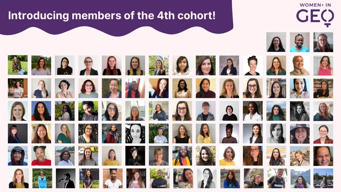 A collage of 87 people from the Women in Geospatial mentorship programme on a white background with purple text saying "introducing members of the 4th cohort".