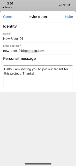 Screenshot of the Invite a User form on the Azure Mobile app
