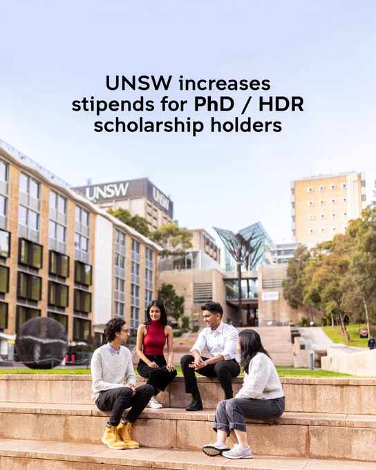 Photo of the UNSW campus with text that reads 'UNSW increases stipends for PhD / HDR scholarship holders'