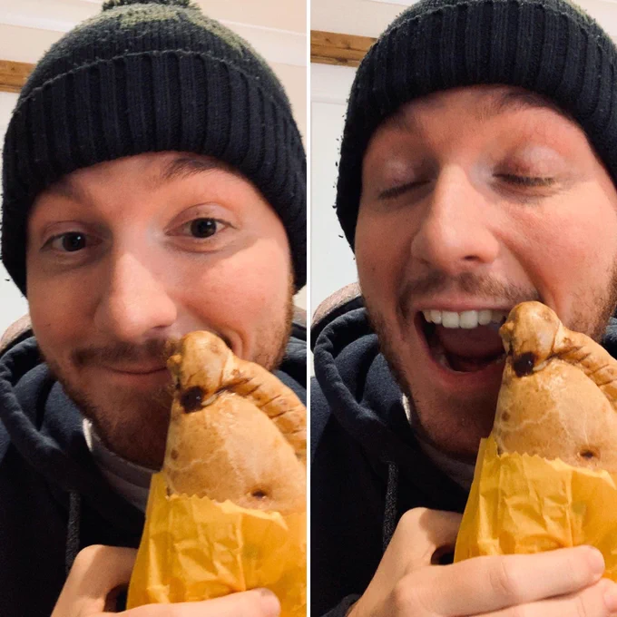 Selfies of Ross smiling with a Cornish pasty