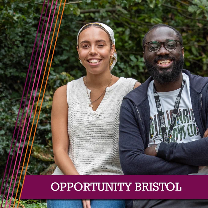 Two scholarship students sat smiling. Text reads: Opportunity Bristol