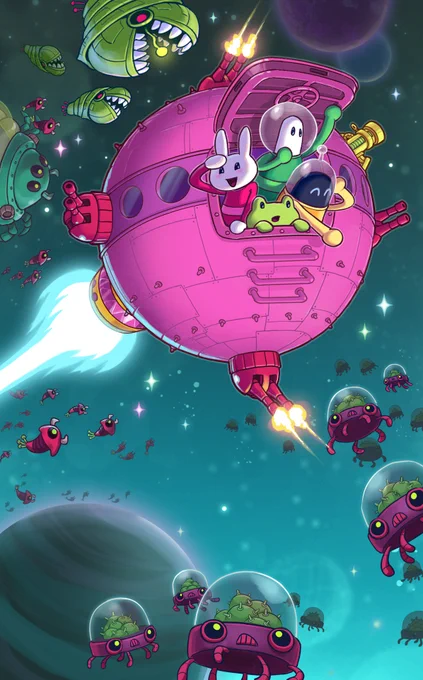 Lovers in a Dangerous Spacetime is a bunny, a frog, and two rescue space-nauts piloting a big pink gumball-shaped spaceship and fighting against the forces of anti-love.