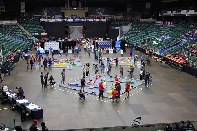 A bird’s eye view and the competition floor.