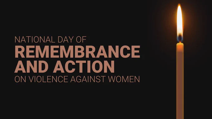 A white candle is lit in front of a black background. Beside the candle is the text: National Day of Remembrance and Action on Violence Against Women. 